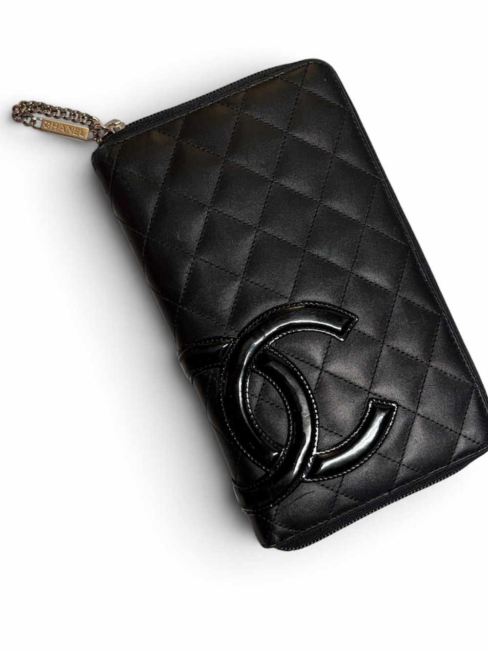 Vintage CHANEL Cambon Black Quilted Zip Wallet with Oversized CC